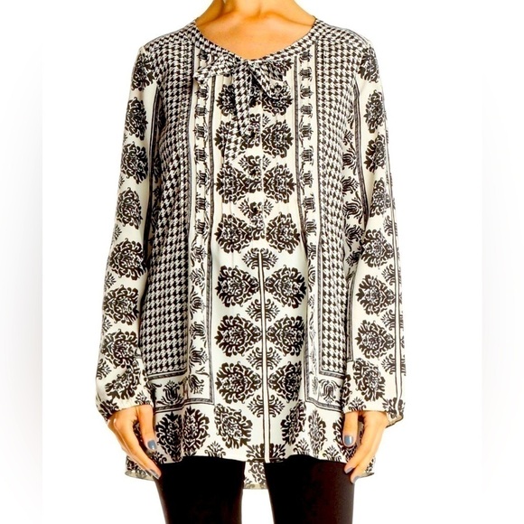 LANDS' END Women’s Black White Floral Houndstooth Border Print Silky Blouse 1X - Picture 1 of 12